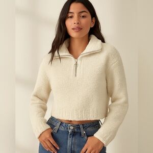 Fashion Nova Cream Sherpa Fleece Quarter-Zip Cropped Pullover Sweater Small